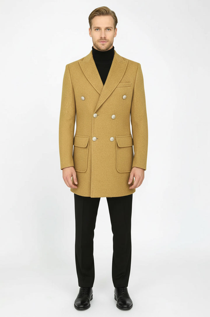 Metal Düğmeli Yün Kaşe Taba Erkek Kruvaze Kaban - Wessi