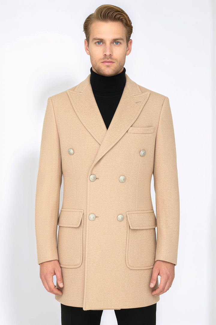 Metal Düğmeli Yün Kaşe Açık Pembe Erkek Kruvaze Kaban - Wessi