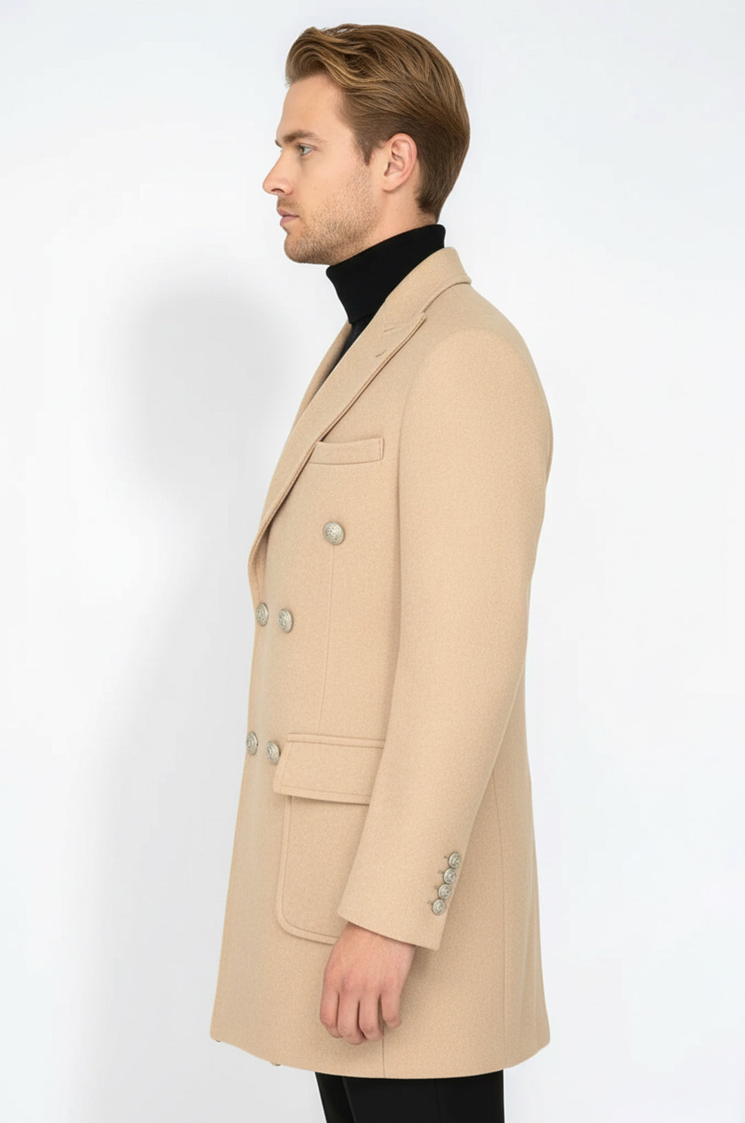 Metal Düğmeli Yün Kaşe Açık Pembe Erkek Kruvaze Kaban - Wessi