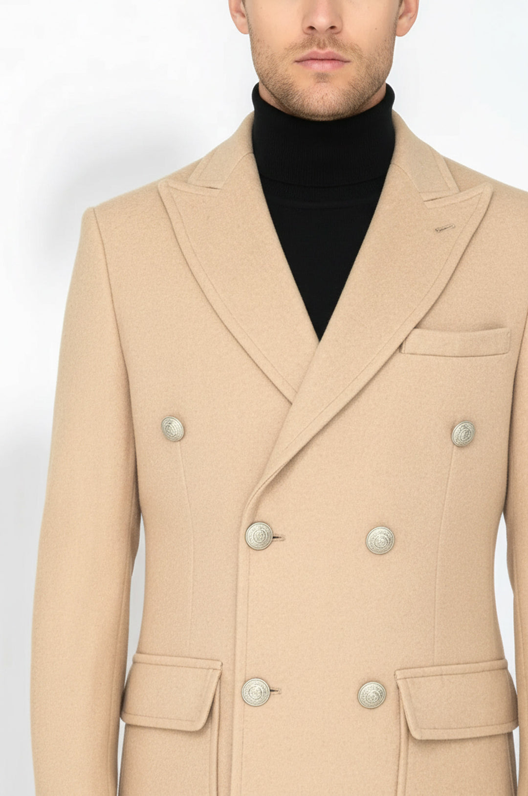 Metal Düğmeli Yün Kaşe Açık Pembe Erkek Kruvaze Kaban - Wessi