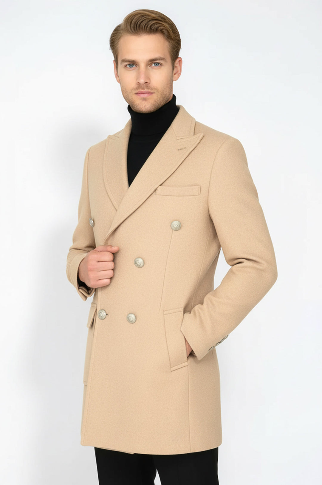 Metal Düğmeli Yün Kaşe Açık Pembe Erkek Kruvaze Kaban - Wessi