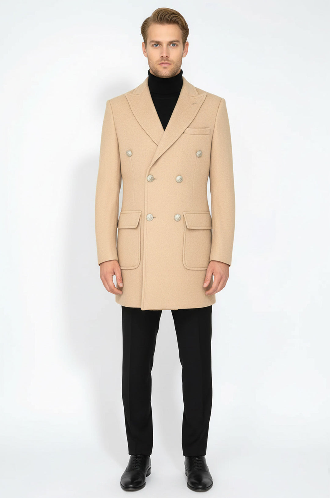 Metal Düğmeli Yün Kaşe Açık Pembe Erkek Kruvaze Kaban - Wessi