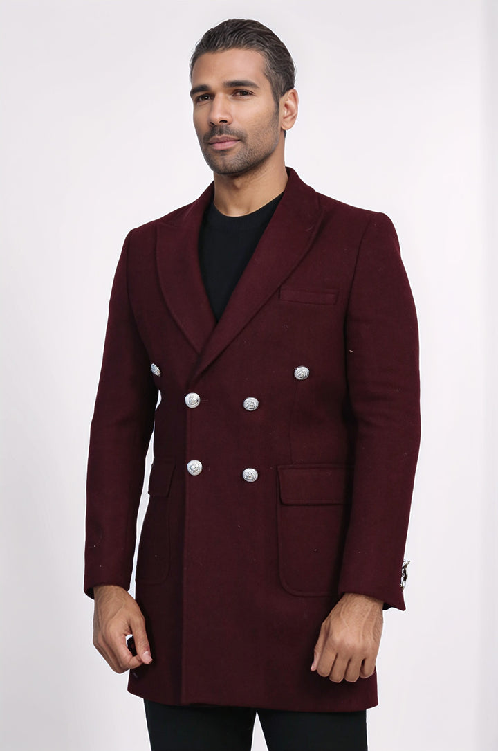 Metal Düğmeli Bordo Erkek Kruvaze Kaban - Wessi