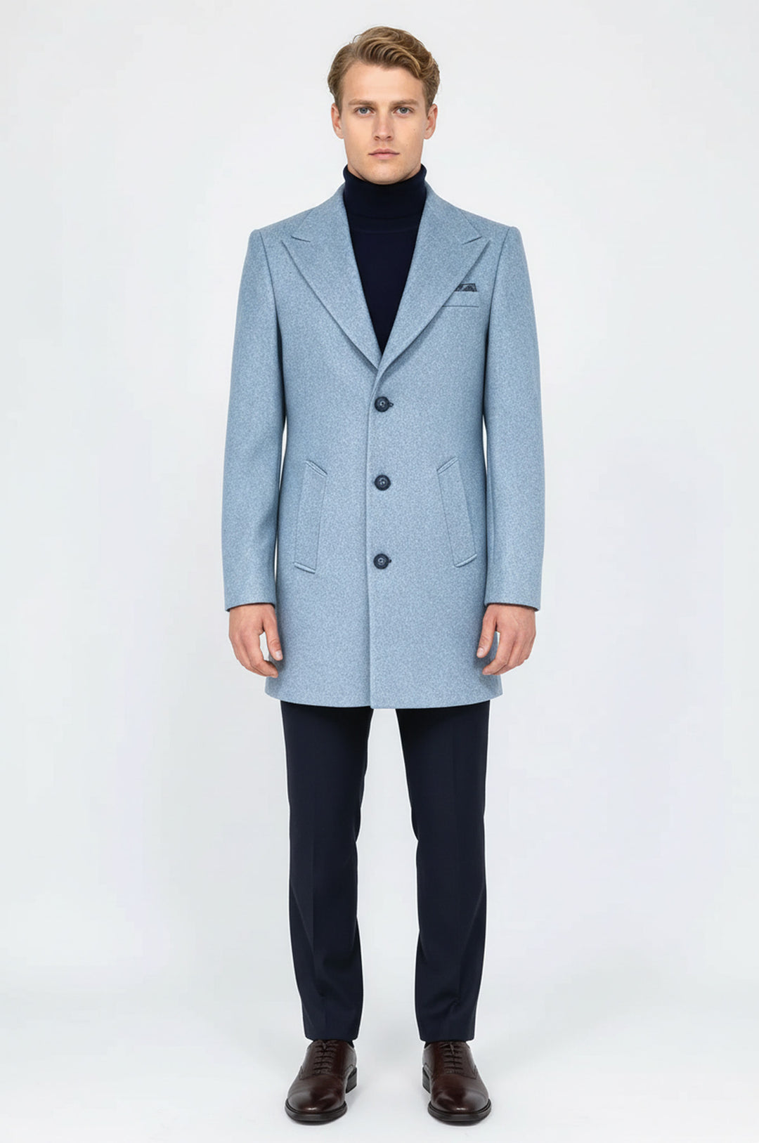 Açık Mavi Geniş Yaka Yün Erkek Kaban - Wessi