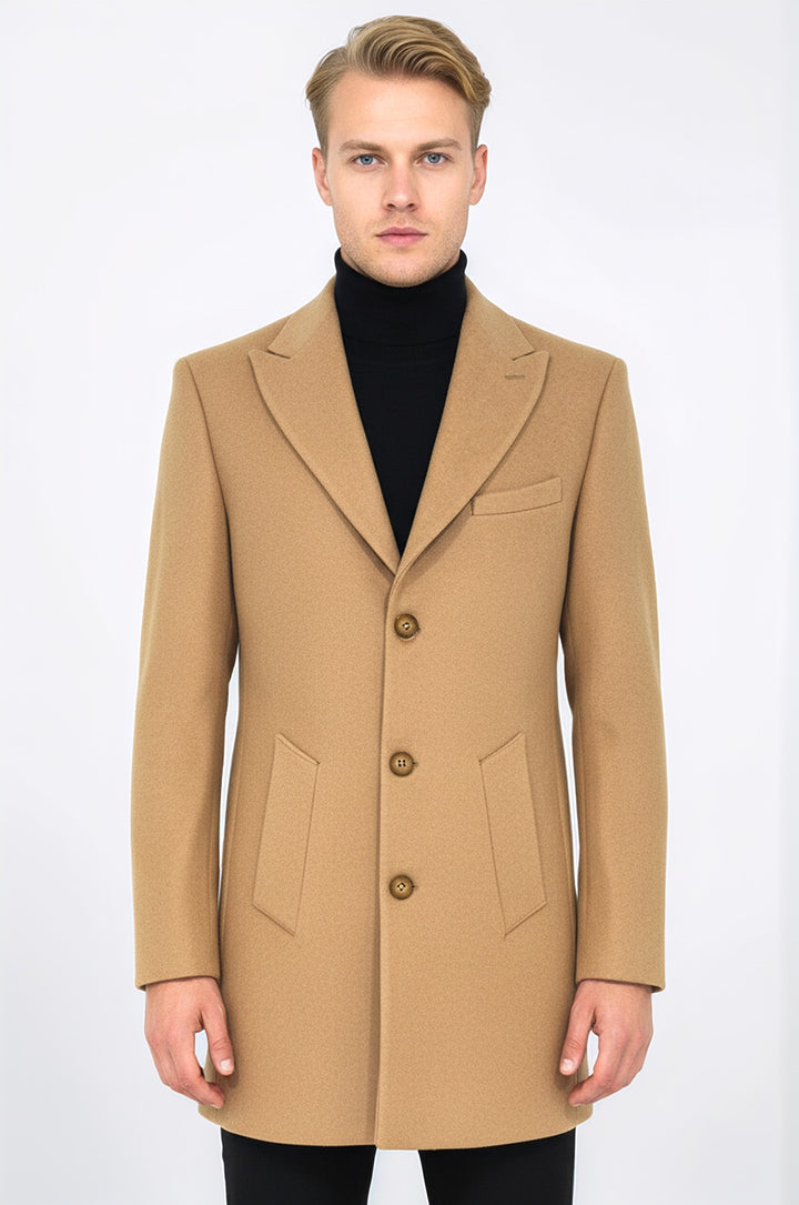 Krem Geniş Yaka Yün Erkek Kaban - Wessi