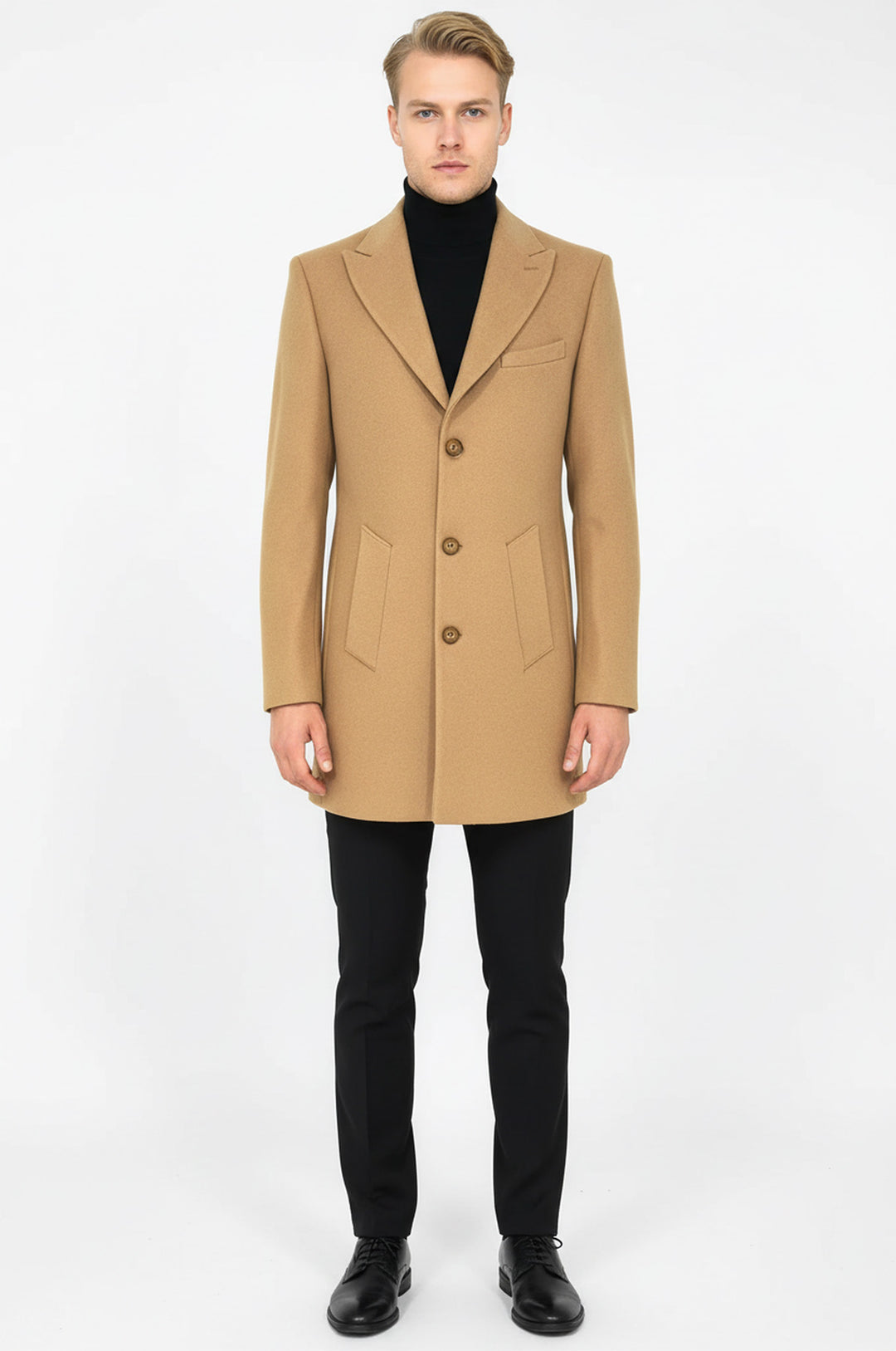 Krem Geniş Yaka Yün Erkek Kaban - Wessi