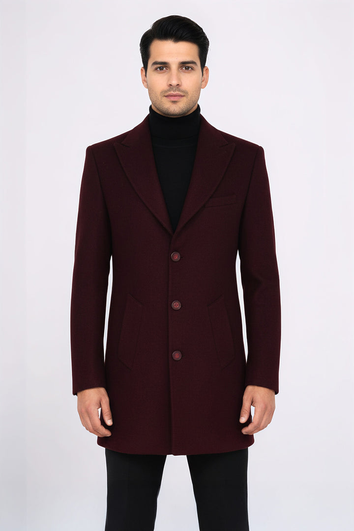 Bordo Geniş Yaka Yün Erkek Kaban - Wessi