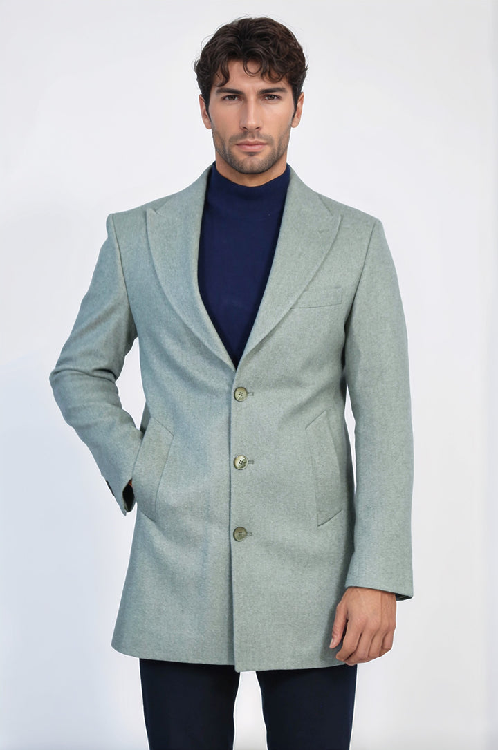 Petrol Yeşili Geniş Yaka Yün Erkek Kaban - Wessi