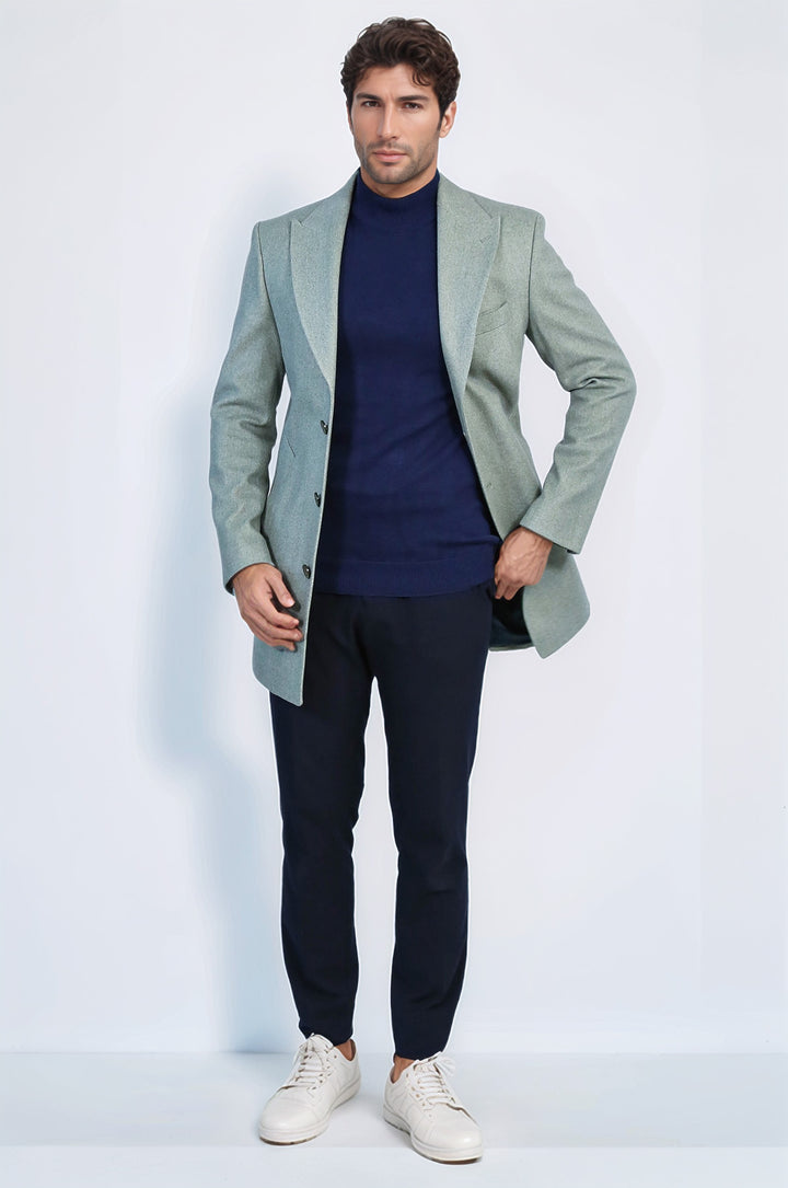 Petrol Yeşili Geniş Yaka Yün Erkek Kaban - Wessi