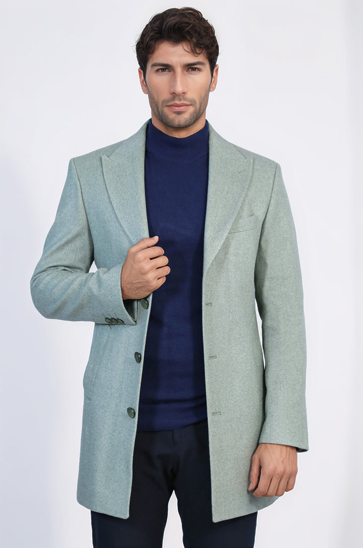 Petrol Yeşili Geniş Yaka Yün Erkek Kaban - Wessi