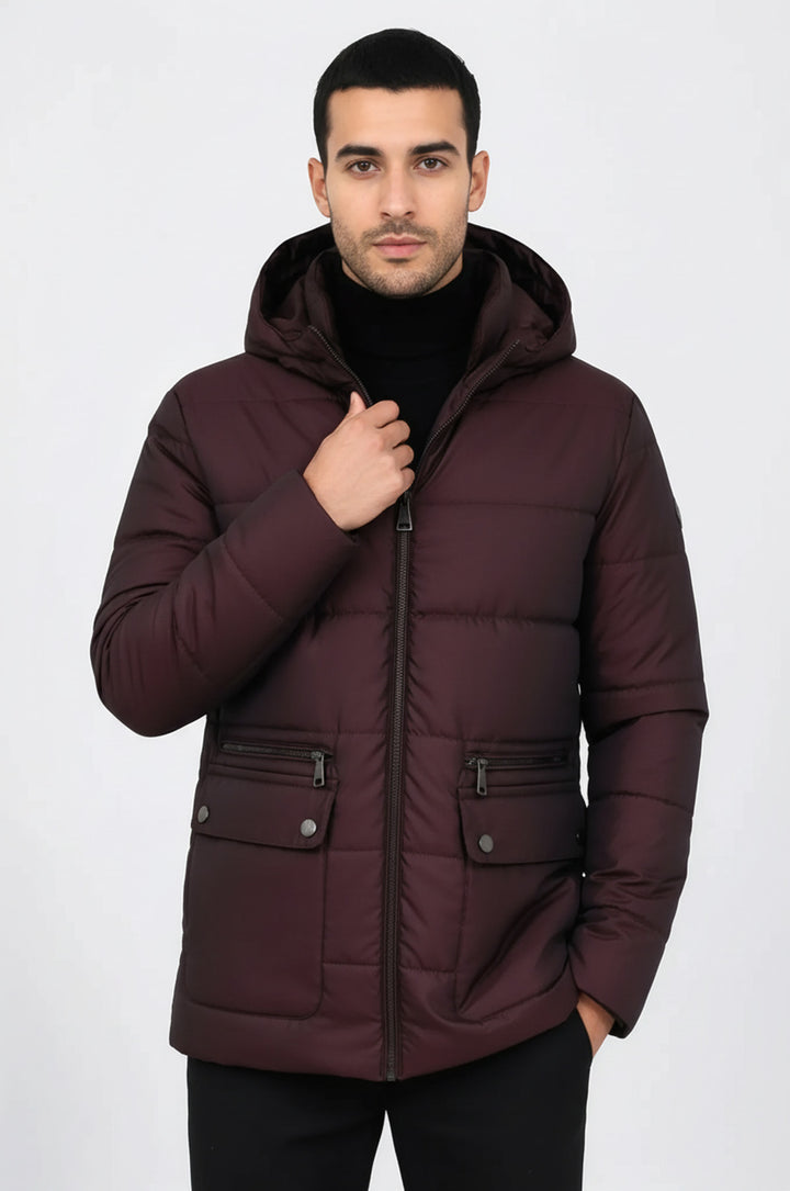 Slim Fit Kapüşonlu Bordo Erkek Şişme Mont - Wessi