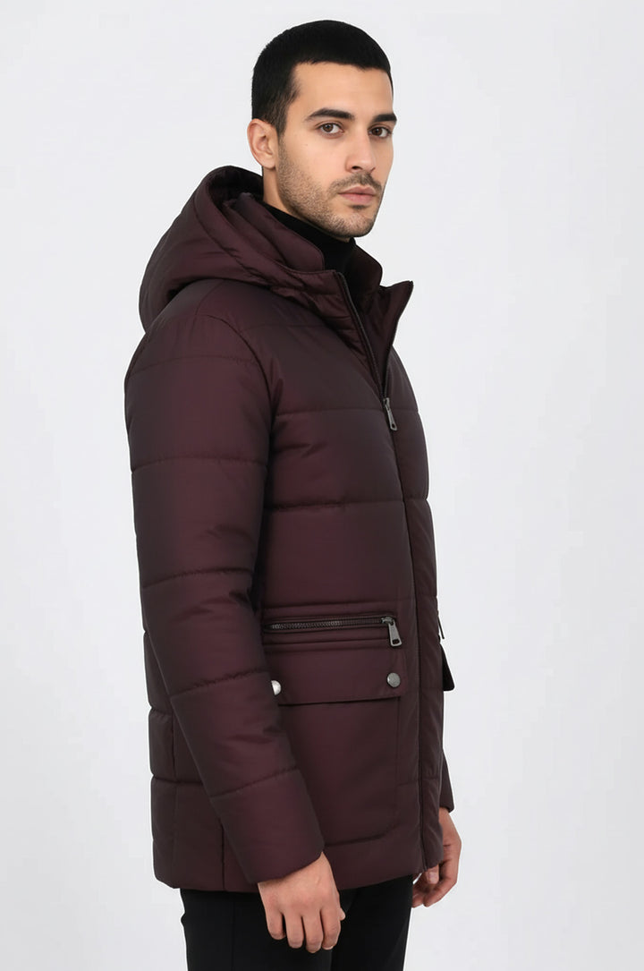 Slim Fit Kapüşonlu Bordo Erkek Şişme Mont - Wessi