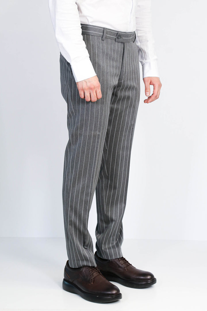 Çizgi Desen Gri Erkek Kumaş Pantolon - Wessi