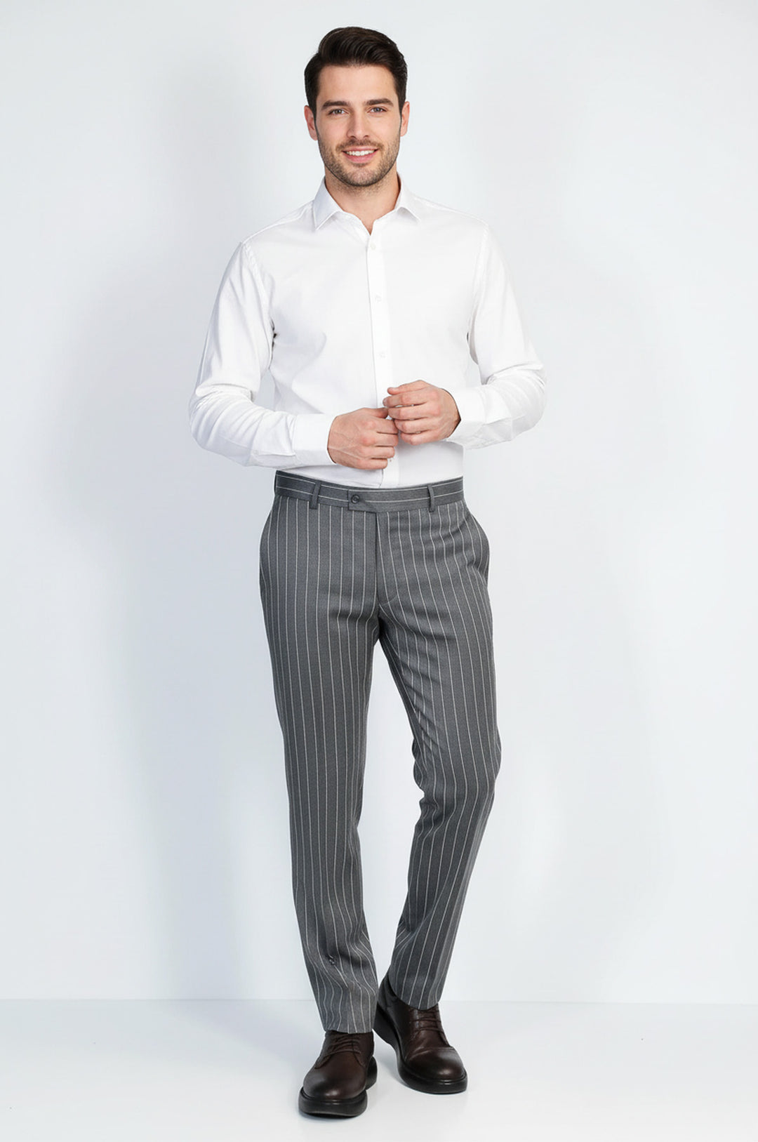 Çizgi Desen Gri Erkek Kumaş Pantolon - Wessi