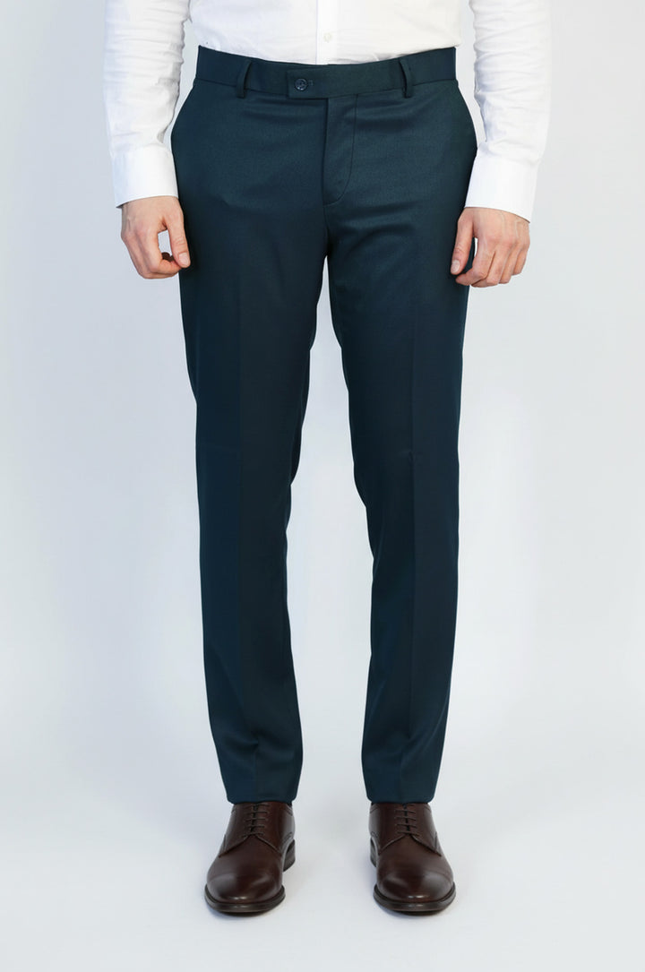 Dar Kesim Kendinden Desenli Petrol Yeşil Erkek Kumaş Pantolon - Wessi