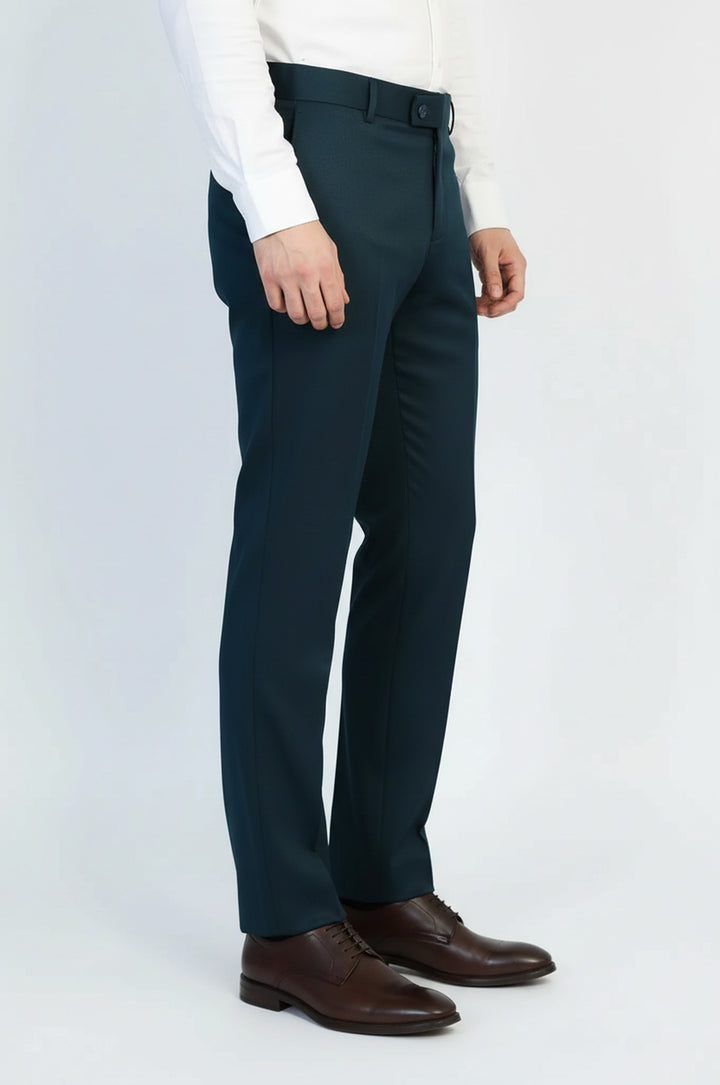 Dar Kesim Kendinden Desenli Petrol Yeşil Erkek Kumaş Pantolon - Wessi