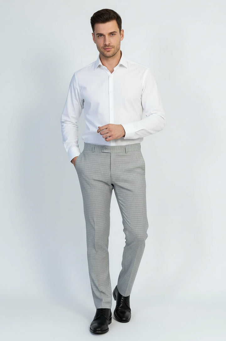 Slim Fit Kareli Kumaş Gri Erkek Pantolon - Wessi