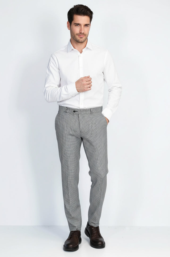 Kaz Ayağı Desenli Slim Fit Gri Erkek Pantolon - Wessi