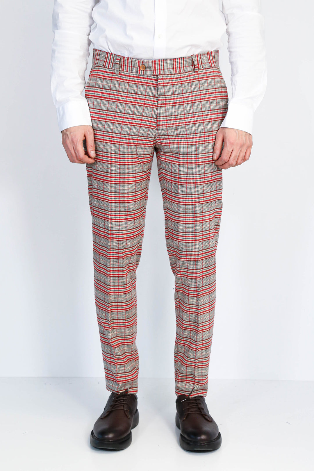 Kırmızı Ekose Desenli Slim Fit Gri Erkek Pantolon - Wessi