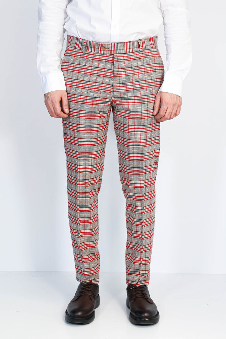 Kırmızı Ekose Desenli Slim Fit Gri Erkek Pantolon - Wessi
