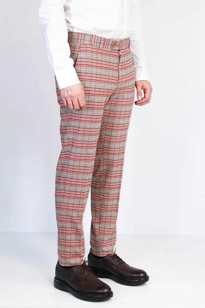 Kırmızı Ekose Desenli Slim Fit Gri Erkek Pantolon - Wessi