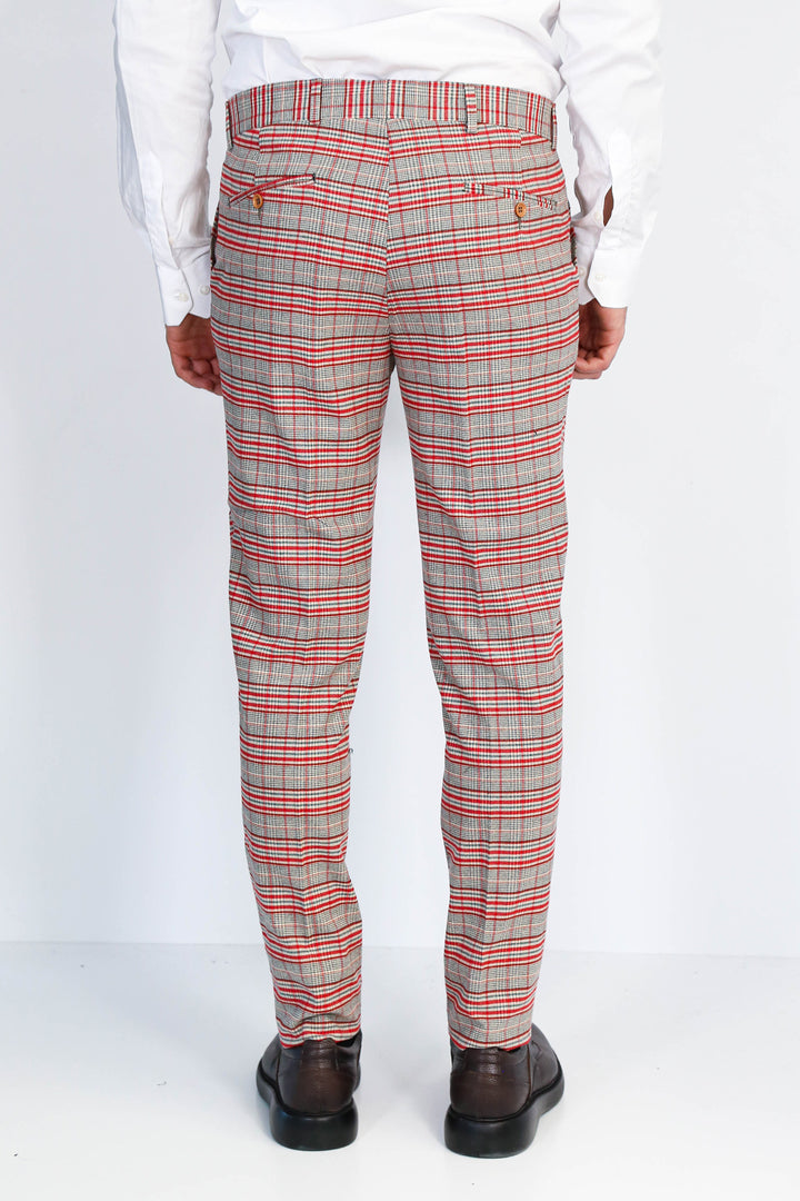 Kırmızı Ekose Desenli Slim Fit Gri Erkek Pantolon - Wessi