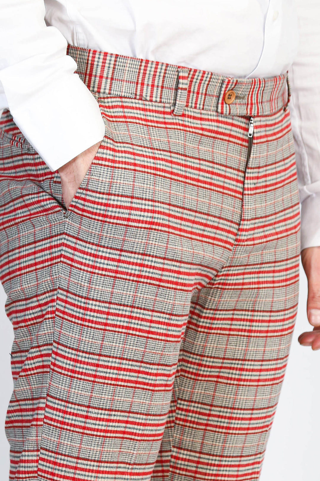 Kırmızı Ekose Desenli Slim Fit Gri Erkek Pantolon - Wessi