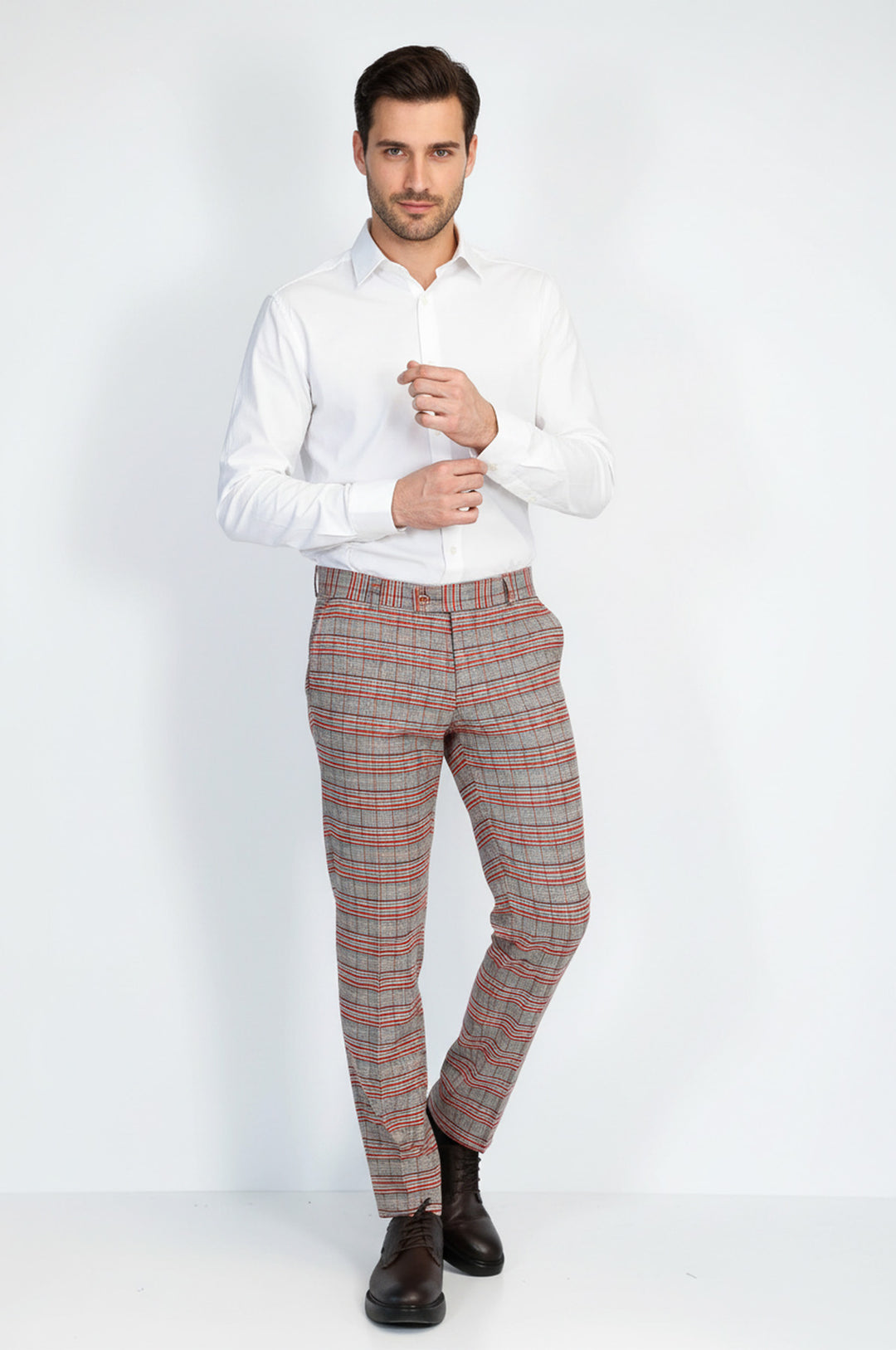 Kırmızı Ekose Desenli Slim Fit Gri Erkek Pantolon - Wessi
