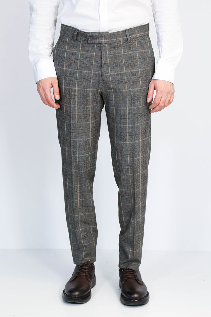 Kare Desenli Slim Fit Füme Erkek Pantolon - Wessi