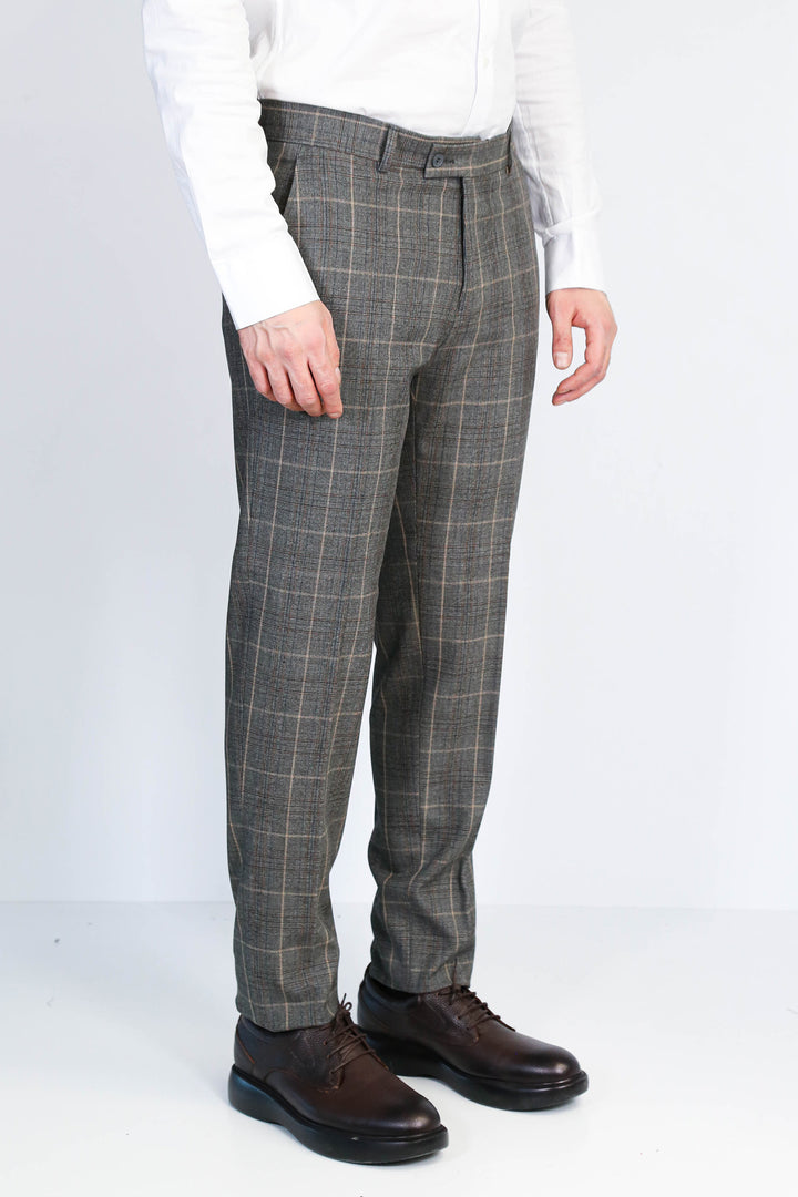 Kare Desenli Slim Fit Füme Erkek Pantolon - Wessi