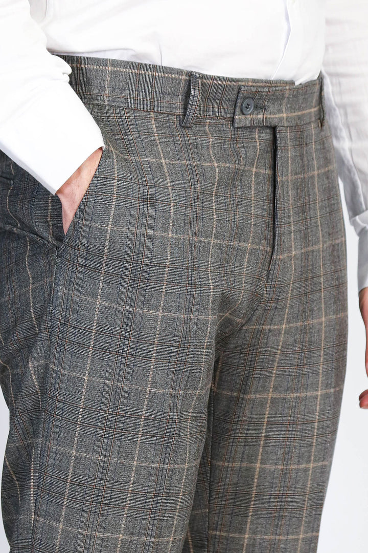 Kare Desenli Slim Fit Füme Erkek Pantolon - Wessi