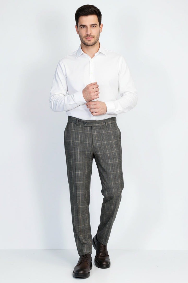 Kare Desenli Slim Fit Füme Erkek Pantolon - Wessi