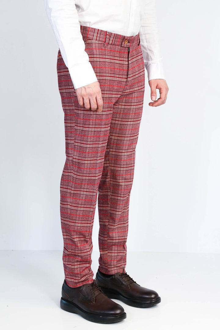 Ekose Desenli Slim Fit Bordo Erkek Pantolon - Wessi