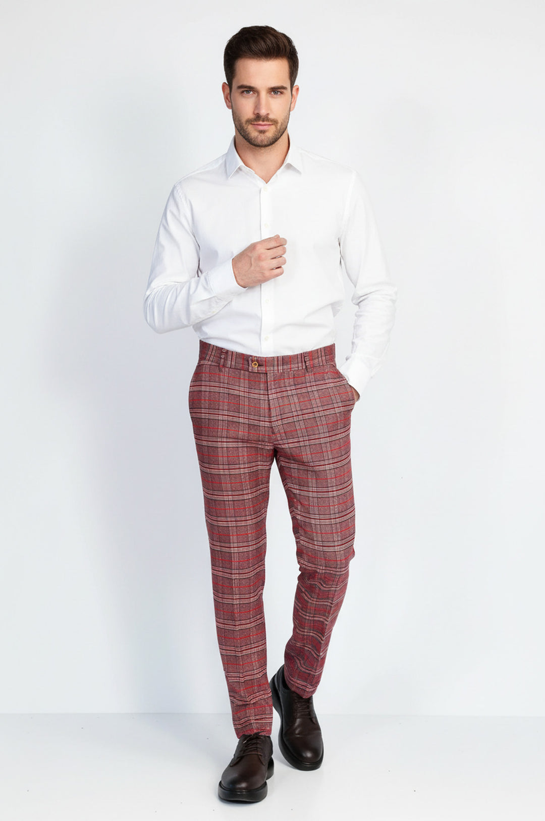 Ekose Desenli Slim Fit Bordo Erkek Pantolon - Wessi