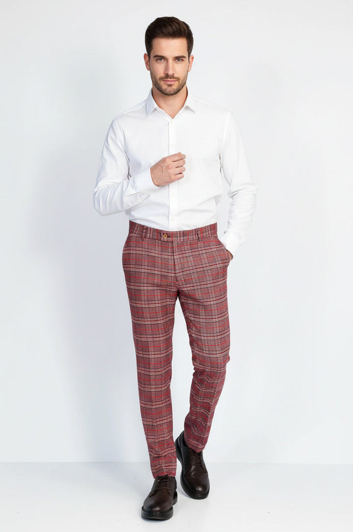 Ekose Desenli Slim Fit Bordo Erkek Pantolon - Wessi