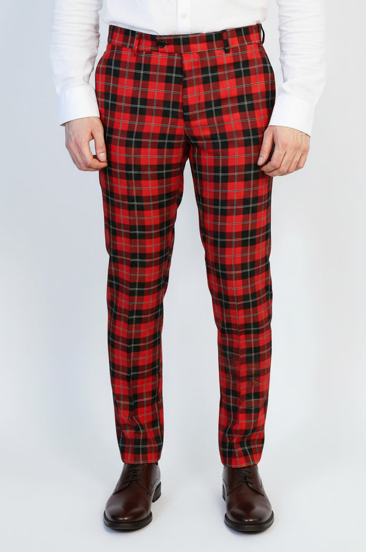 Dar Kesim Ekose Desenli Bordo Erkek Pantolon - Wessi