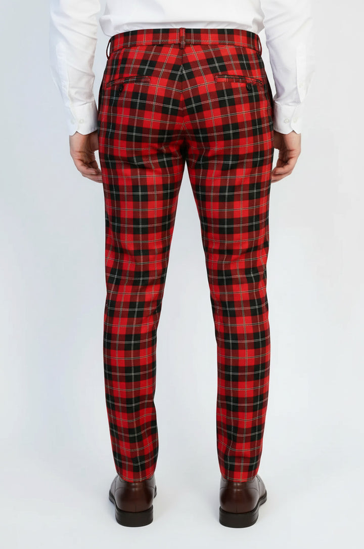 Dar Kesim Ekose Desenli Bordo Erkek Pantolon - Wessi