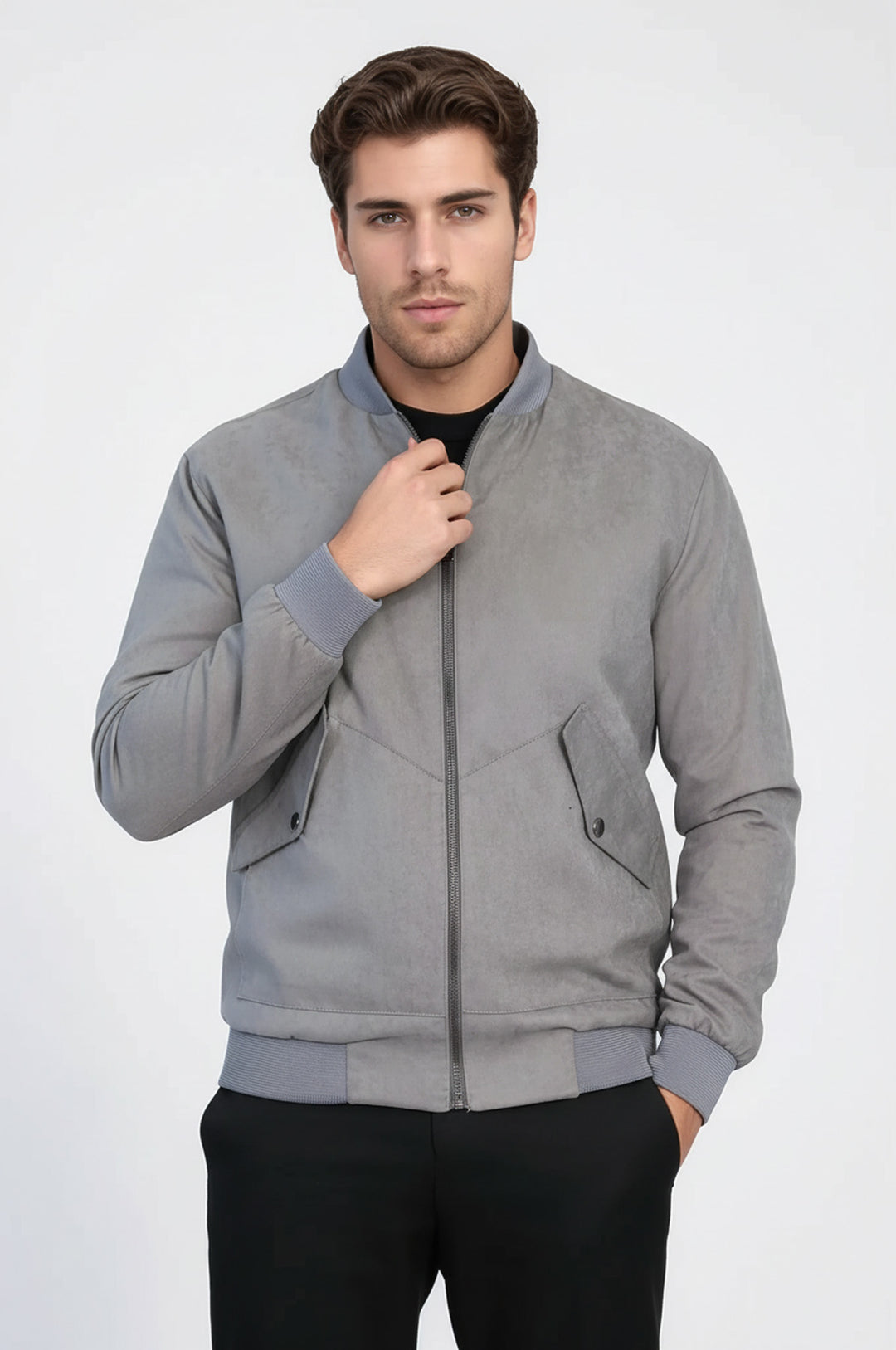 Gri Cepli Süet Bomber Mont - Wessi