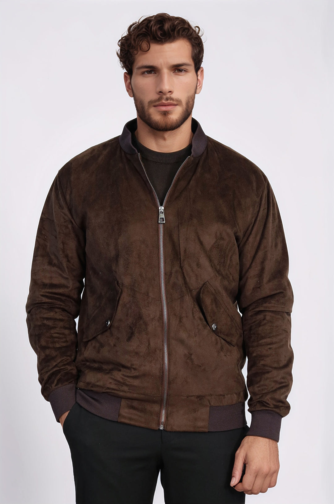 Kapaklı Cepli Süet Kahverengi Erkek Bomber Ceket - Wessi