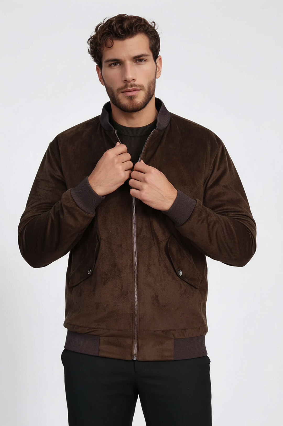 Kapaklı Cepli Süet Kahverengi Erkek Bomber Ceket - Wessi
