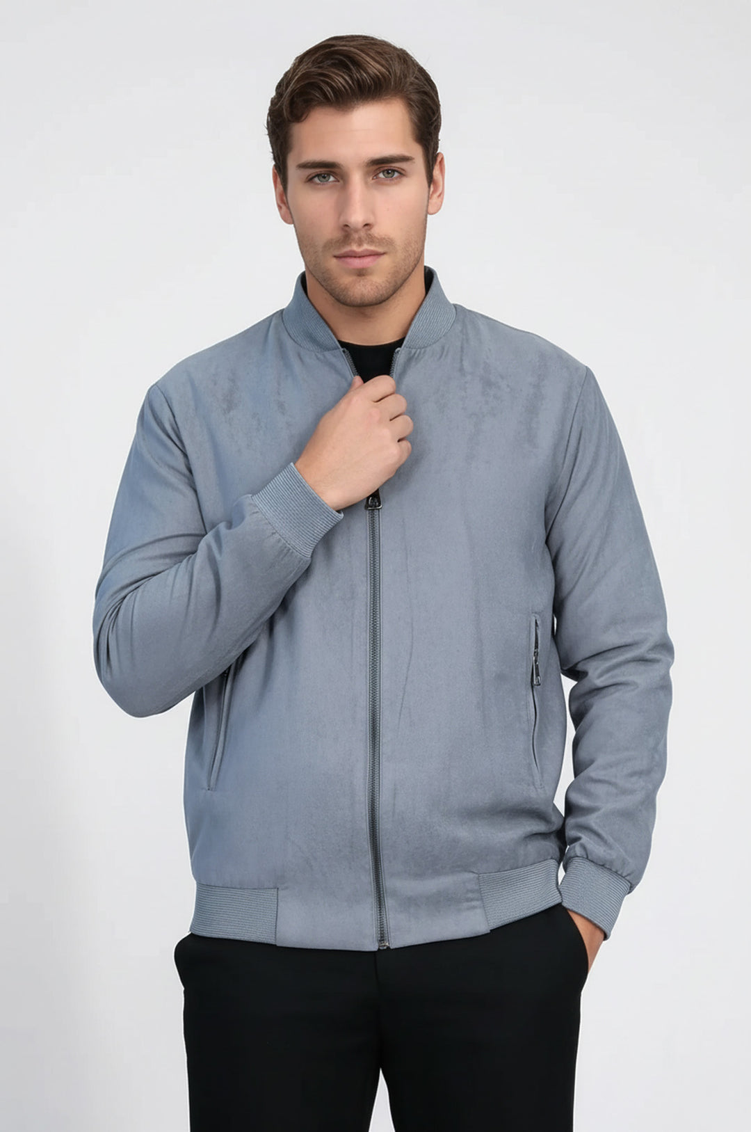 Gri Bomber Ceket, Siyah Balıkçı Yaka Triko ve Gri Çizgili Pantolon Kombini - Wessi Şehir Modası