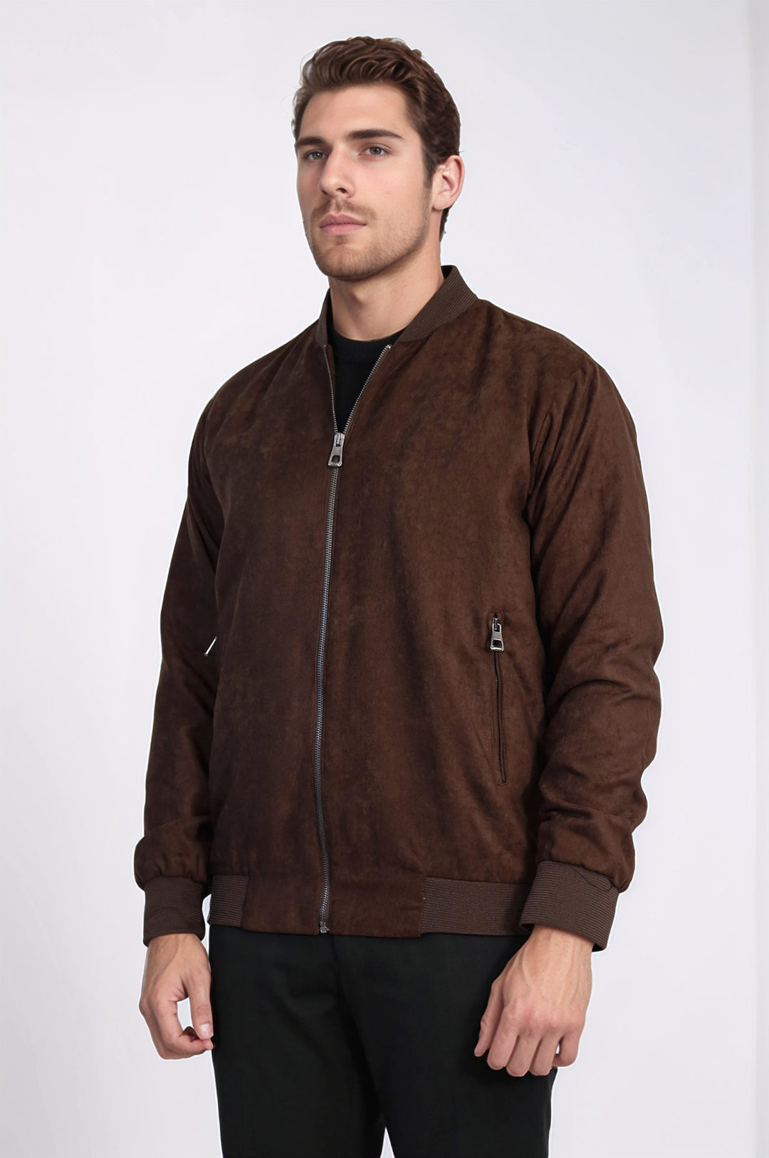 Desensiz Fermuarlı Cepli Koyu Kahverengi Erkek Bomber Ceket - Wessi