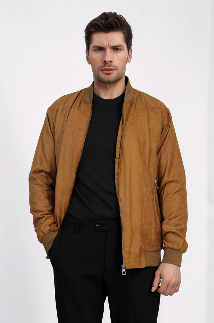 Taba Bomber Ceket, Siyah Triko, Siyah Pantolon Kombini - Wessi - Casual Şıklık