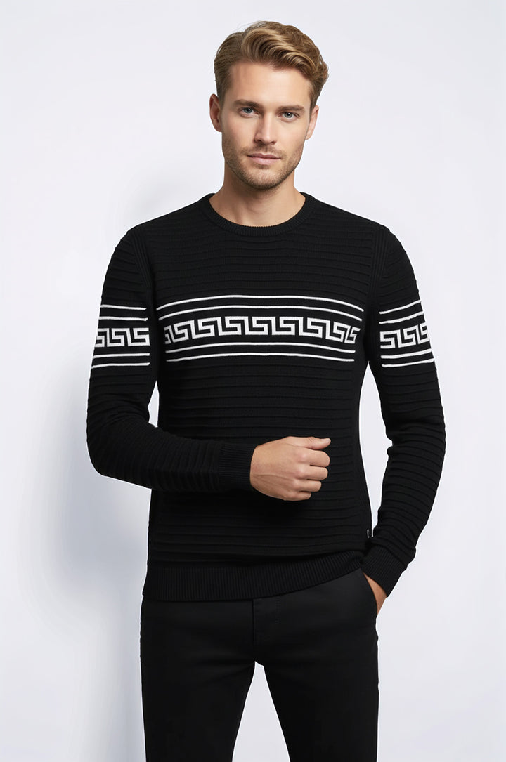 Siyah Üzerine Göğüs Desenli Bisiklet Yaka Triko - Wessi