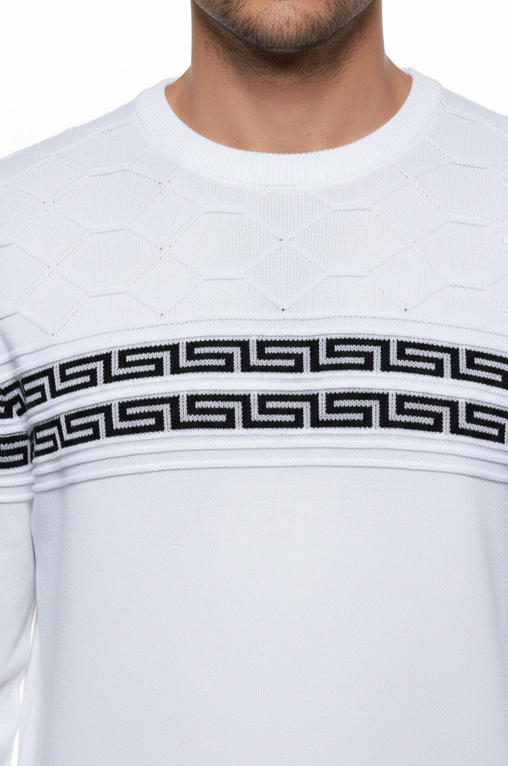Beyaz Üzerine Desenli Bisiklet Yaka Triko - Wessi