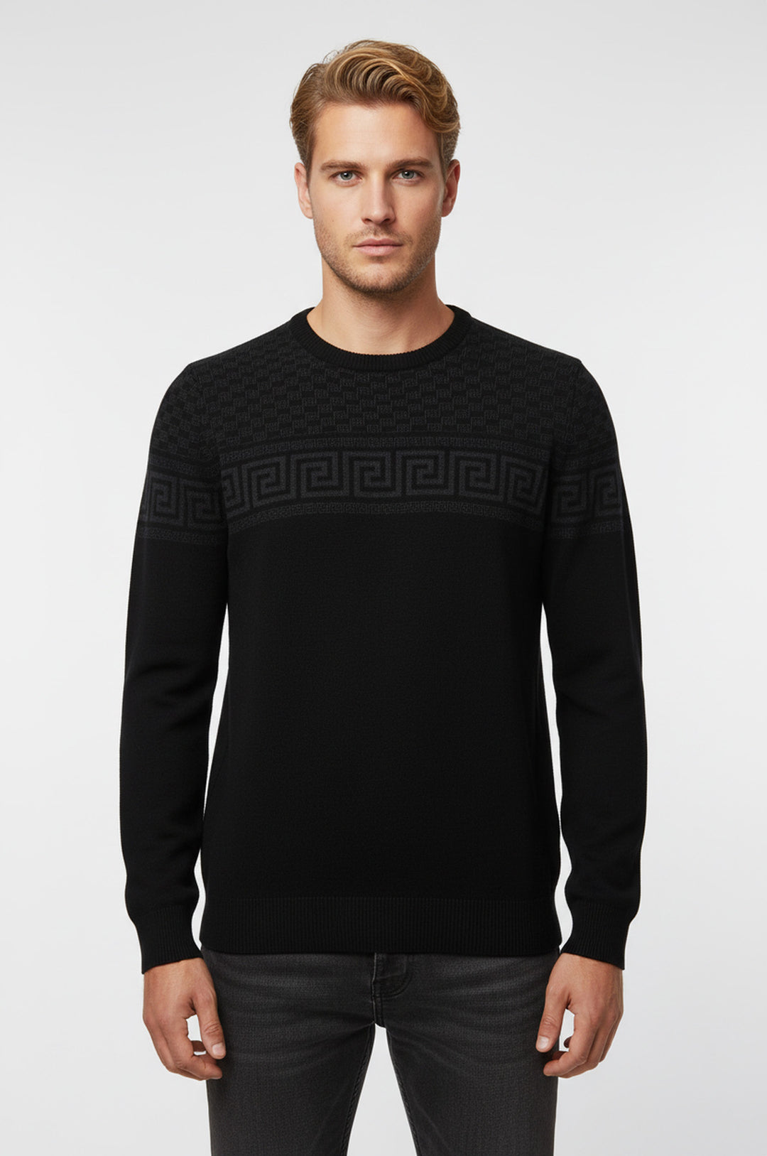 Siyah Göğüs Desenli Bisiklet Yaka Triko - Wessi