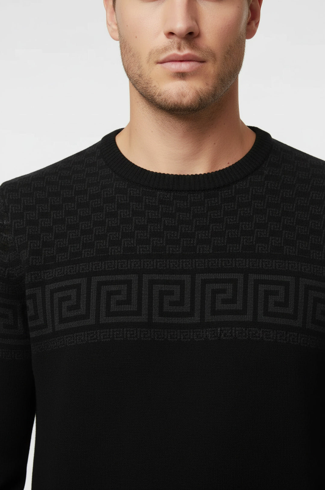 Siyah Göğüs Desenli Bisiklet Yaka Triko - Wessi