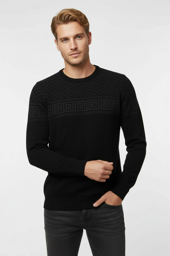 Siyah Göğüs Desenli Bisiklet Yaka Triko - Wessi