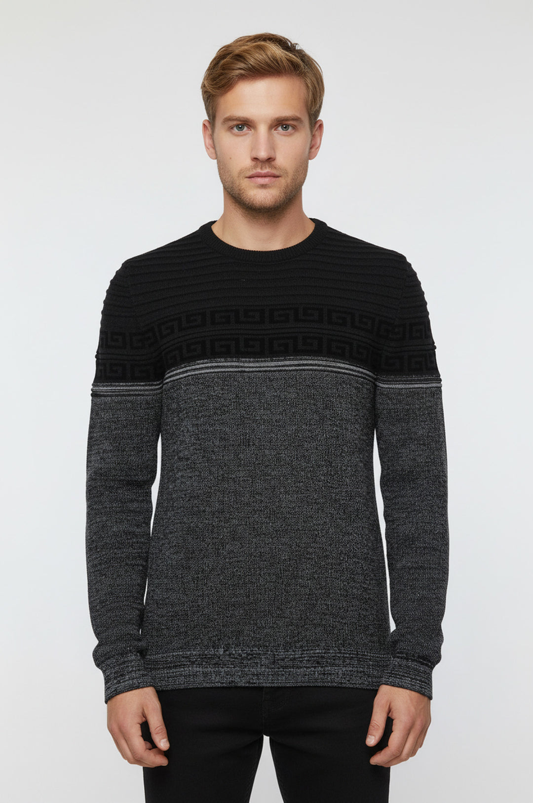 İki Renkli Göğüs Desenli Yuvarlak Yaka Gri Erkek Triko - Wessi