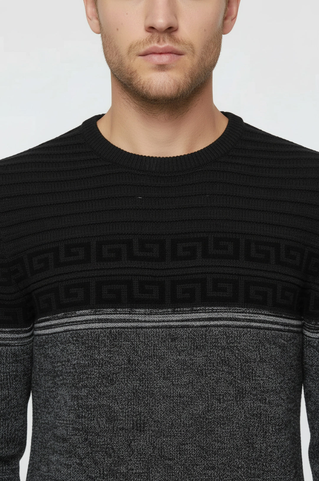 İki Renkli Göğüs Desenli Yuvarlak Yaka Gri Erkek Triko - Wessi